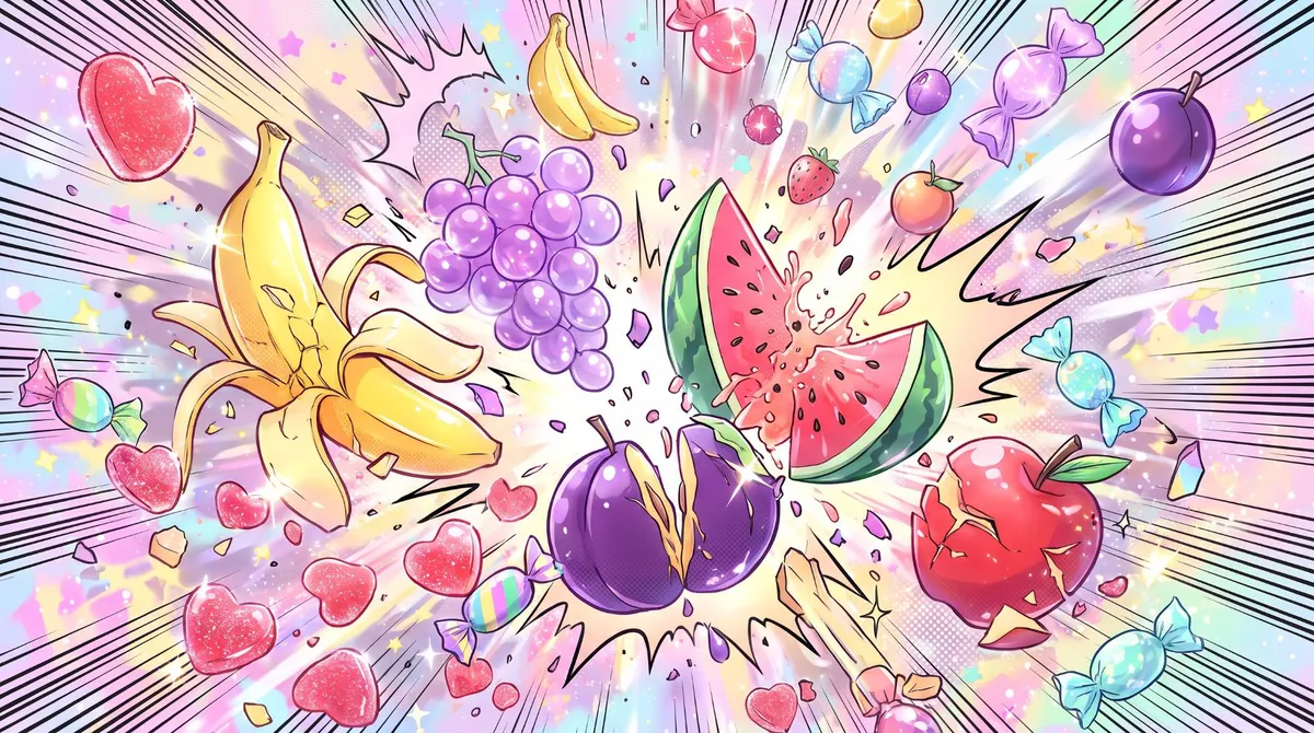 Fruits and candies bursting apart